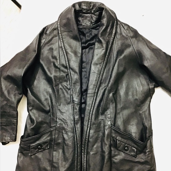 VINTAGE Black Leather Maxi Coat - Picture 7 of 12